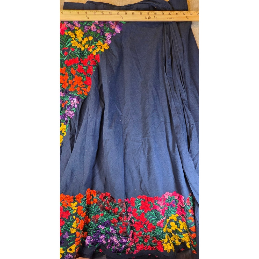 Handmade Mexican Floral Embroidered Wrap Skirt Navy Blue Boho Folk Art Maxi - Picture 4 of 6